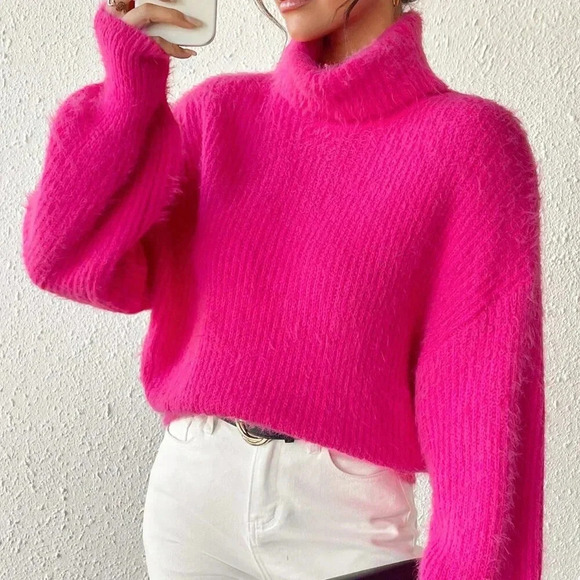 Hot Pink Casual Women's Turtleneck Drop Shoulder Fuzzy Sweater - Picture 1 of 6